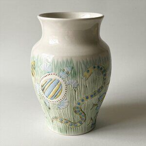 Handmade Whimsical Folk Art Ocean Theme Vase Pastel Turtle Snake Fish Signed